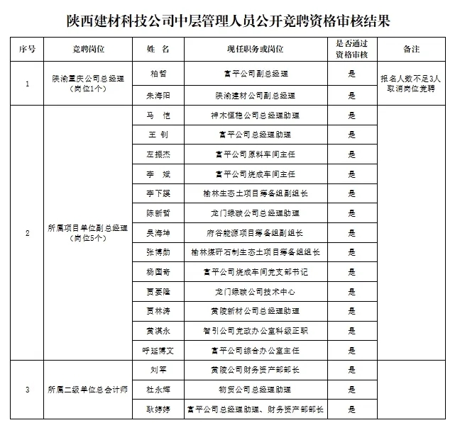 陜西建材科技公司中層管理人員公開競聘資格審核結果公告