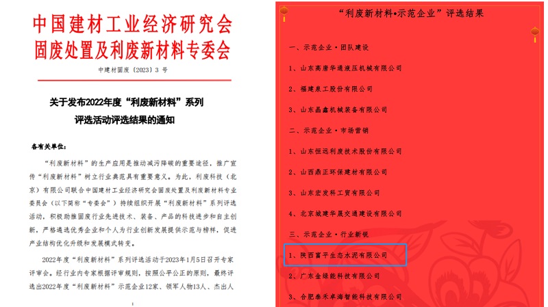 喜報！富平公司榮獲2022年度全國利廢新材料“示范企業(yè)”稱(chēng)號
