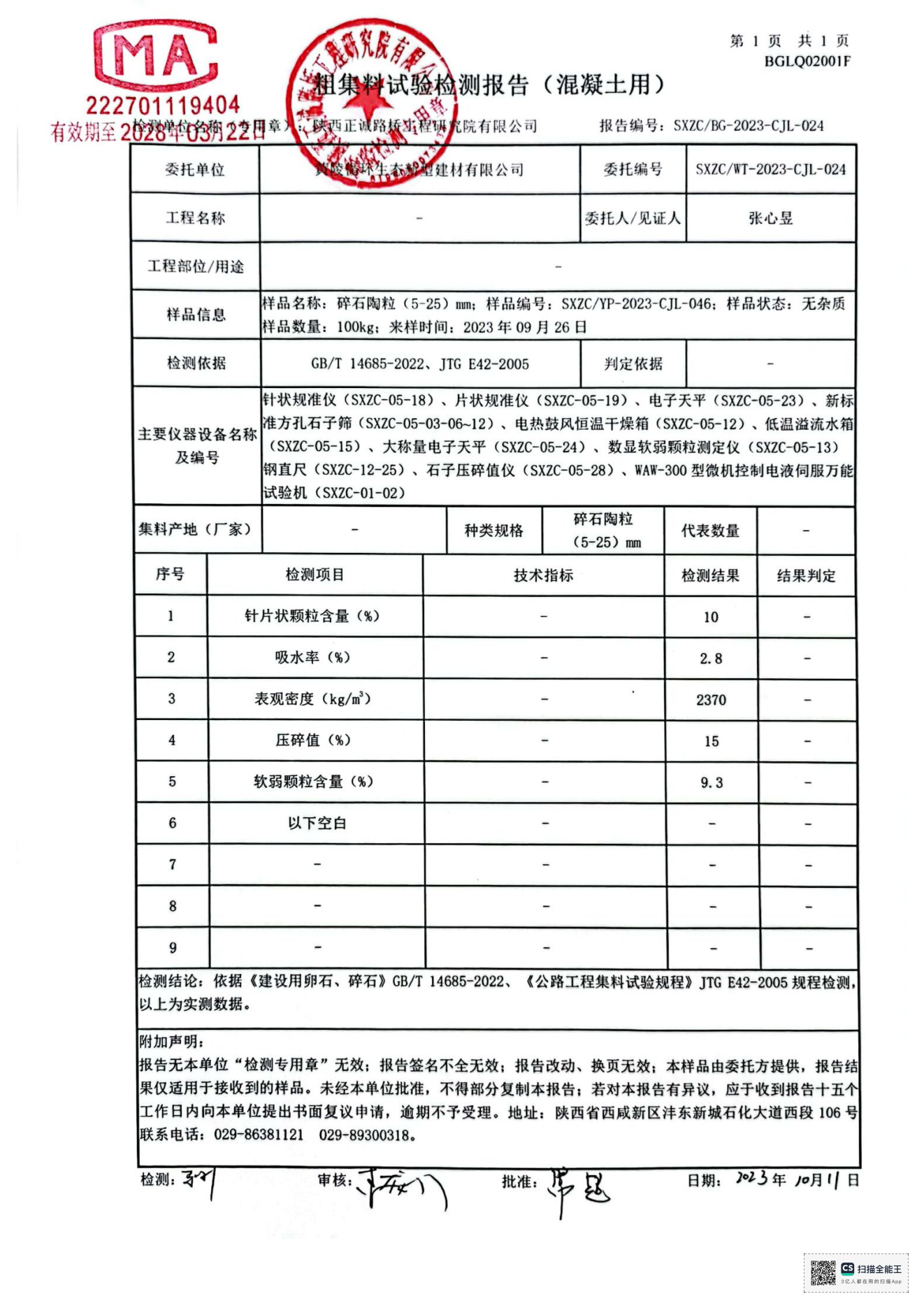 黃陵新材公司碎石陶粒檢測報告